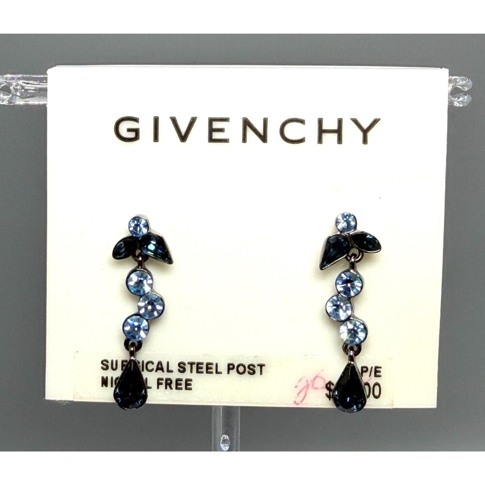Givenchy Blue Black Crystal Drop Dangle Earrings Silver Tone NWT